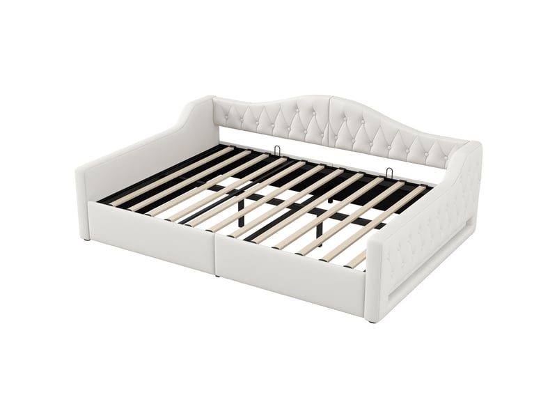  Lit banquette coffre 140 × 200 cm, dossier rembourré, rangement sous sommier relevable, éclairage led, lin beige  - Conforama A