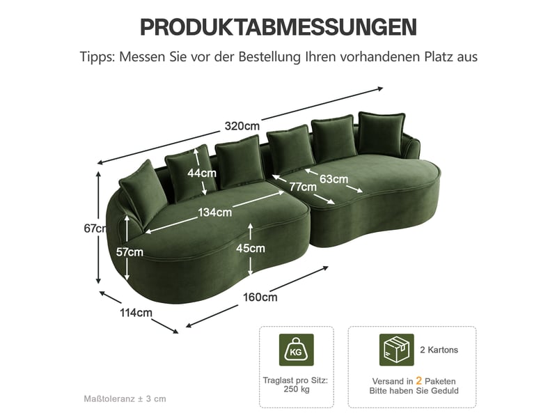  Canapé 4 places droit en tissu vert, largeur 320 cm, sans structure rigide W3325S00296 - Conforama C