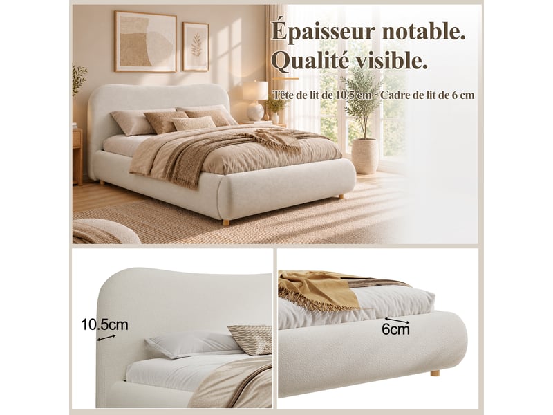 Lit coffre double 180x200cm avec rangement hydraulique, sommier à lattes, tête de lit rembourrée et pieds en bois massif, tissu bouclé, blanc evarich - Conforama D