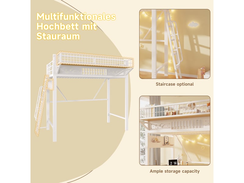 Lit mezzanine 1 place 90×200 cm, rangements et espace ouvert - sans matelas, métal - blanc - Conforama E