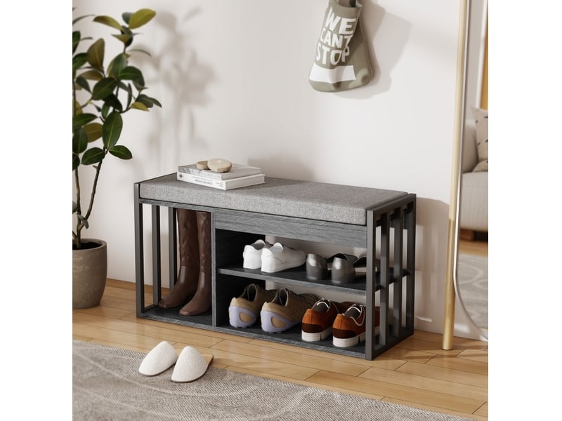  Banc à chaussures 86x30x45,4 cm à 3 niveaux avec coussin bois gris  - Conforama C
