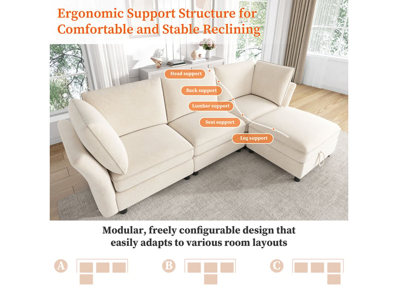  Canapé d’angle modulable 4 places 225 cm avec pouf de rangement, effet cloud, tissu chenille, assise moelleuse, beige  - Conforama E