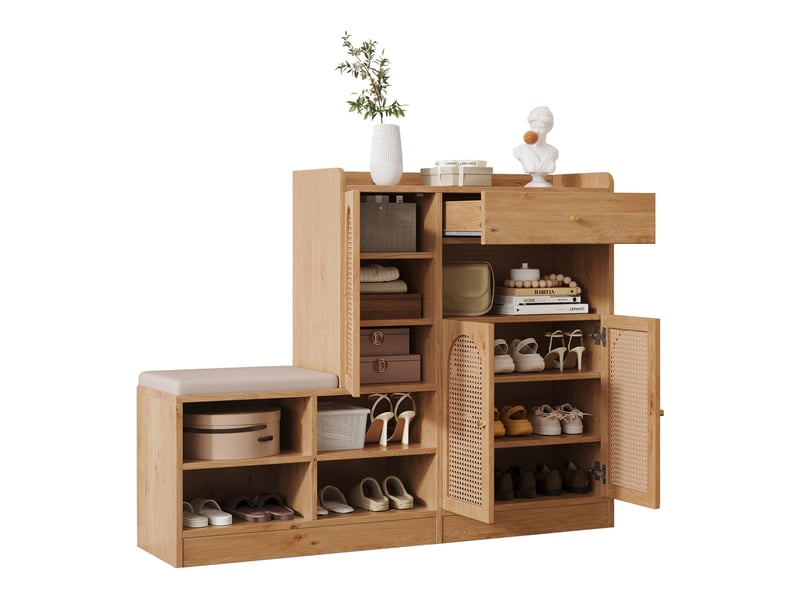  Banc à chaussures oslo bois 142x35x110 cm, 3 portes rotin, tiroir &amp; assise rembourrée  - Conforama B