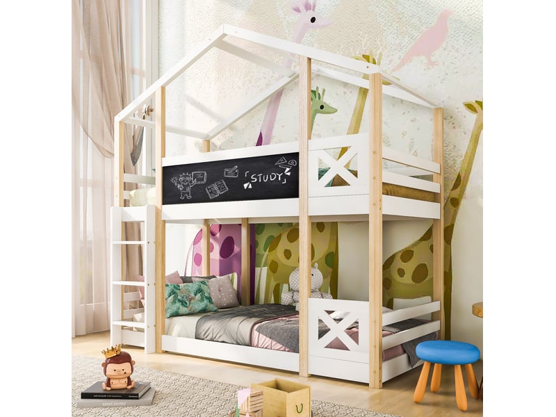 Lit mezzanine enfant 90x200 cm avec échelle, 2 sommiers, blanc et naturel - Conforama D