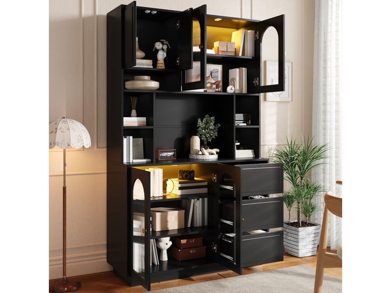  Buffet de cuisine haut noir en mdf 106x30x175 cm, 6 portes, 3 tiroirs, portes acryliques cintrées et led  - Conforama W
