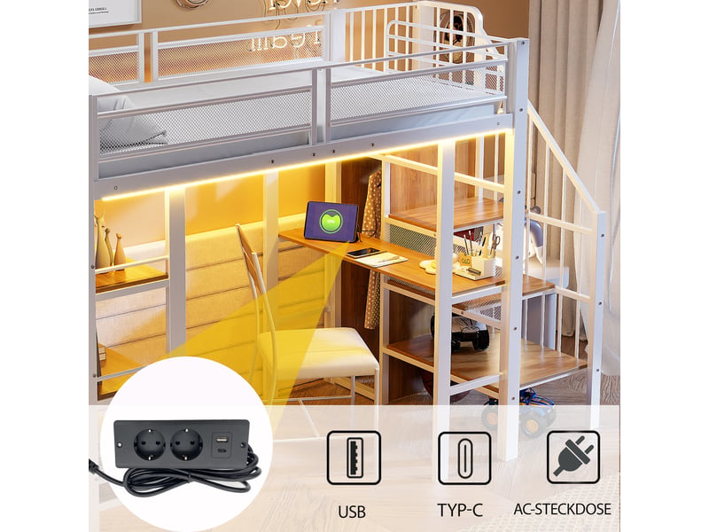  Lit haut 90x200 en métal blanc, bandeau led, prise intégrée, rangement et bibliothèque pour enfant  - Conforama C