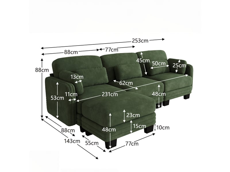  Canapé d’angle 3 places, forme l modulable, chenille, coussins lombaires et d’accoudoirs inclus, 1 ottomane, 253 × 143 × 88 cm, vert  - Conforama C