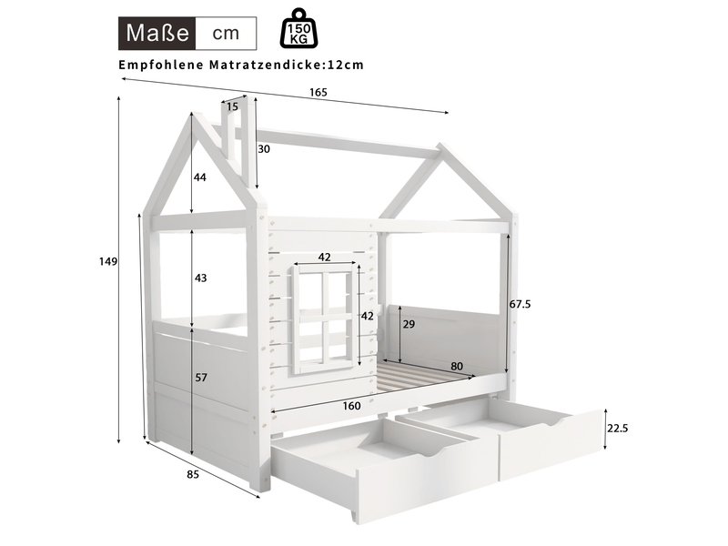  Modenvie lit cabane enfant 80x160 cm - avec 2 tiroirs, barrière fenêtre, sommier inclus, sans matelas - blanc  - Conforama C