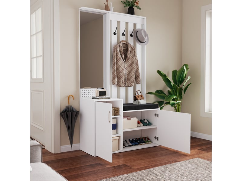  Ensemble meuble d'entrée multifonctionnel 6 en 1 – vestiaire mural blanc avec miroir, banc à chaussures et rangement (180 x 100 x 40 cm)  - Conforama D