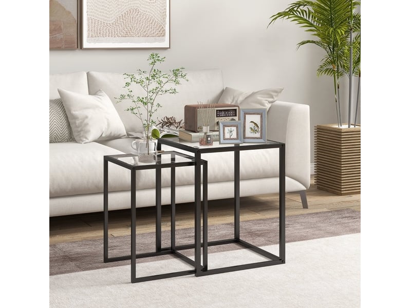  Lot de 2 tables d'appoint gigognes en verre trempé et acier noir, 42 x 42 cm  - Conforama B