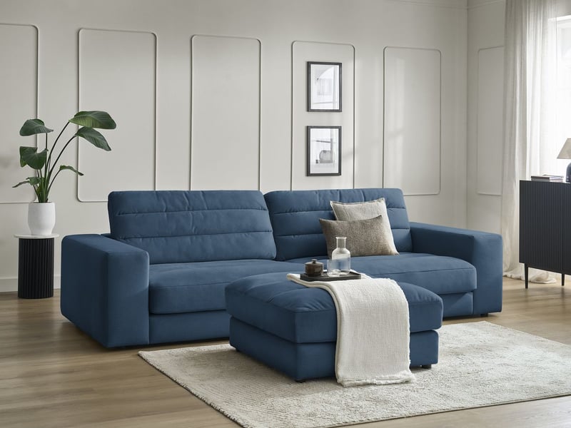  Bobochic canapé droit fixe 3 places sierra velours avec pouf bleu foncé SIERRA - Conforama B