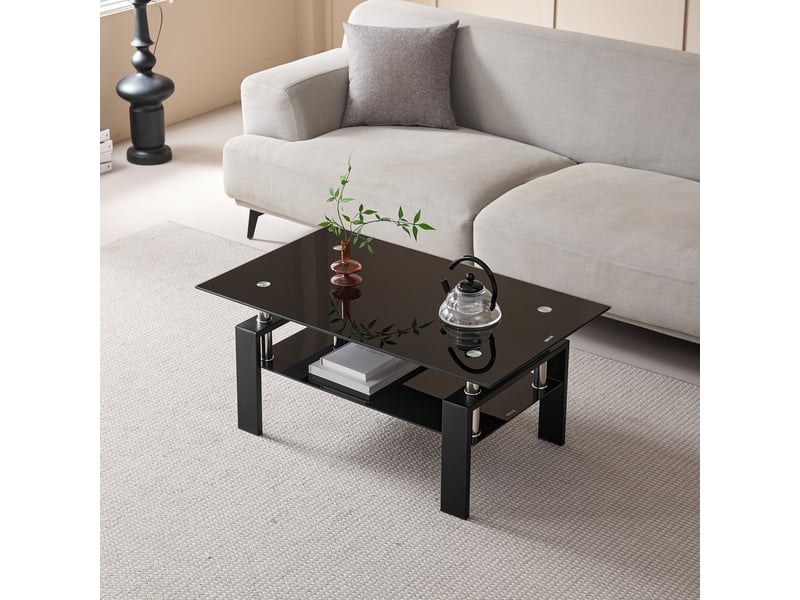  Table basse de salon rectangulaire en verre trempé noir, 2 plateaux, structure métal, 100 x 60 x 44 cm Fay Lum - Conforama D