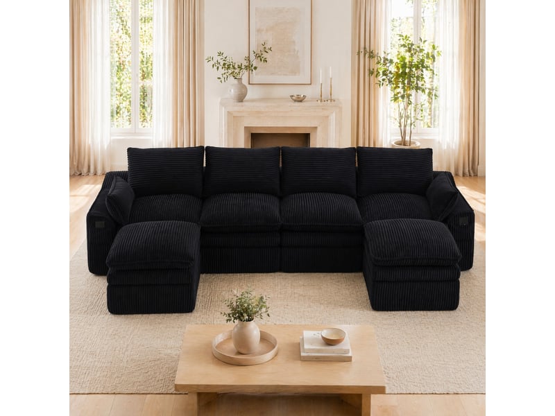  Canapé modulable 4 places en velours côtelé noir avec 2 poufs et poches latérales  - Conforama D