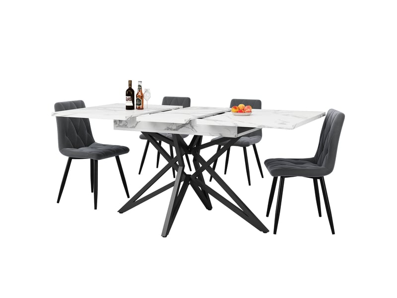  Ensemble table à manger extensible moderne, mdf noyer et velours gris, 120160×80 cm, 4 chaises  - Conforama A