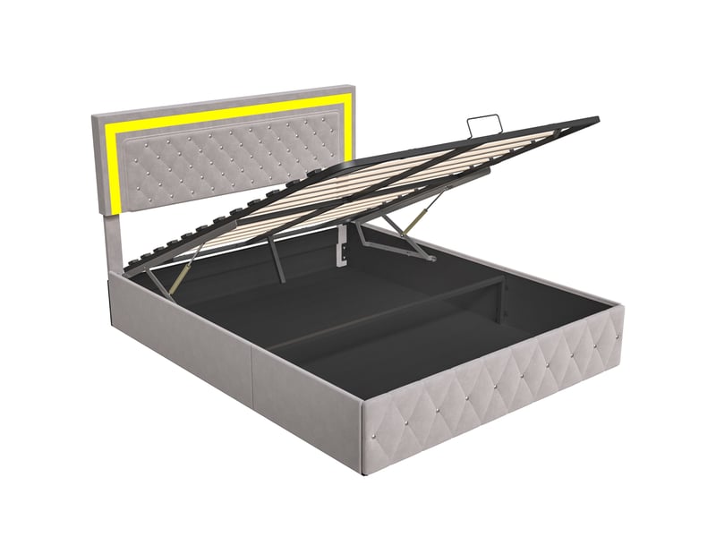  Lit coffre hydraulique 160 x 200 cm-beige - lit double rembourré en velours avec tête de lit lumineuse et capitonnage  - Conforama A