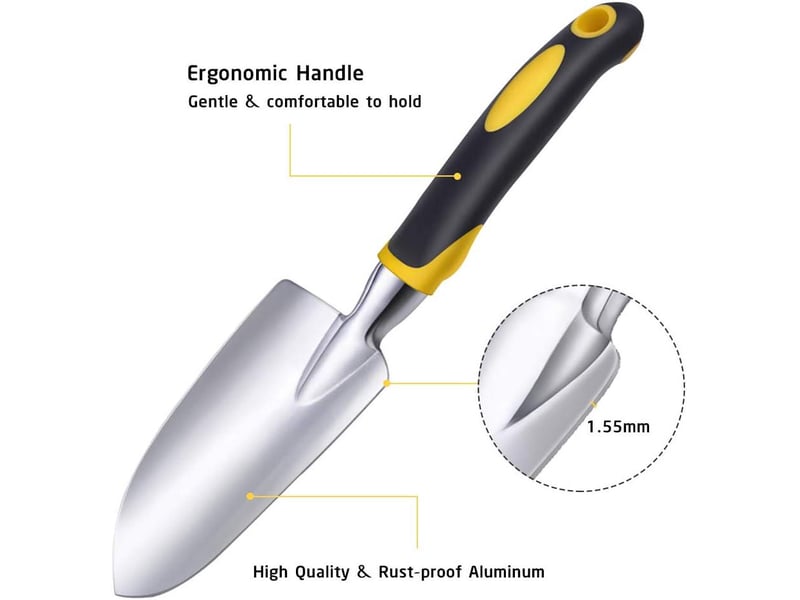 Crochets muraux outils de jardinage, 5 pièces kit outils jardinage adulte en aluminium antirouille, outils de jardin avec sécateur, fourchette, transplanteur, jaune - Conforama E