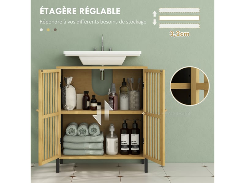  Meuble sous lavabo 2 portes en mdf et bambou, étagère réglable, 60 x 30 x 70 cm  - Conforama W