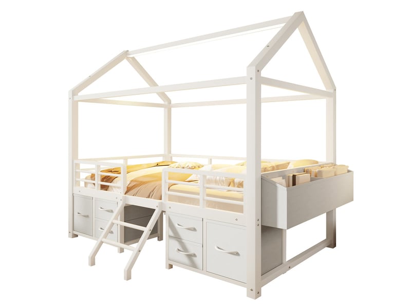  Lit enfant 90x200 cm avec toit - éclairage led - lit cabane avec 6 tiroirs en tissu et rangements - métal - blanc  (sans matelas)  - Conforama A