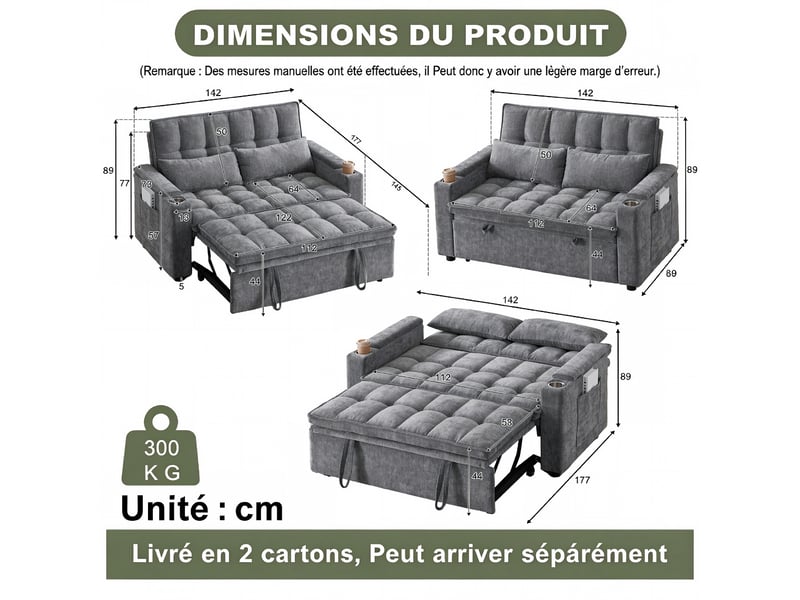 Canapé-lit convertible 2 places 3-en-1 142 × 89 × 89 cm en chenille, rangements, poches et 2 porte-gobelets, gris - Conforama C