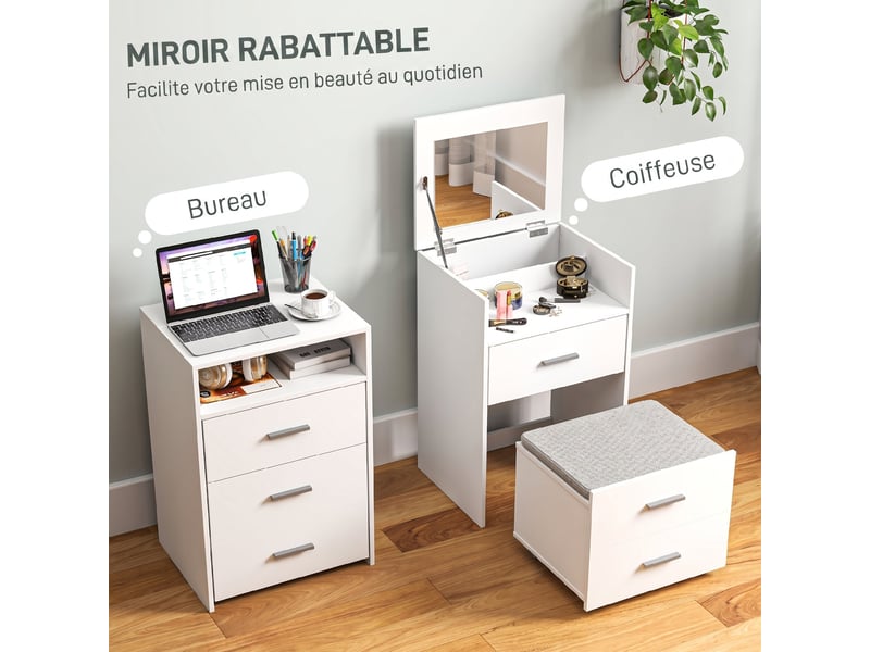 Coiffeuse avec miroir relevable et tabouret à roulettes, table de maquillage avec 2 tiroirs, coussin amovible, blanc  - Conforama D