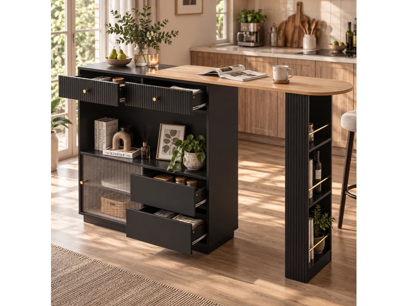 Îlot de cuisine 120x30x100 cm extensible pivotant à 360° avec led noir - Conforama B