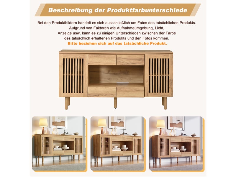  Buffet de rangement 4 tiroirs et 2 portes à lames - lpospi - 5 pieds en bois massif mdf naturel 140 × 35 × 71 cm  - Conforama E
