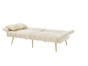 Canapé droit convertible 2 places avec revêtement velours et accoudoirs réglables 6 positions - dossier 3 positions - pieds en métal - beige