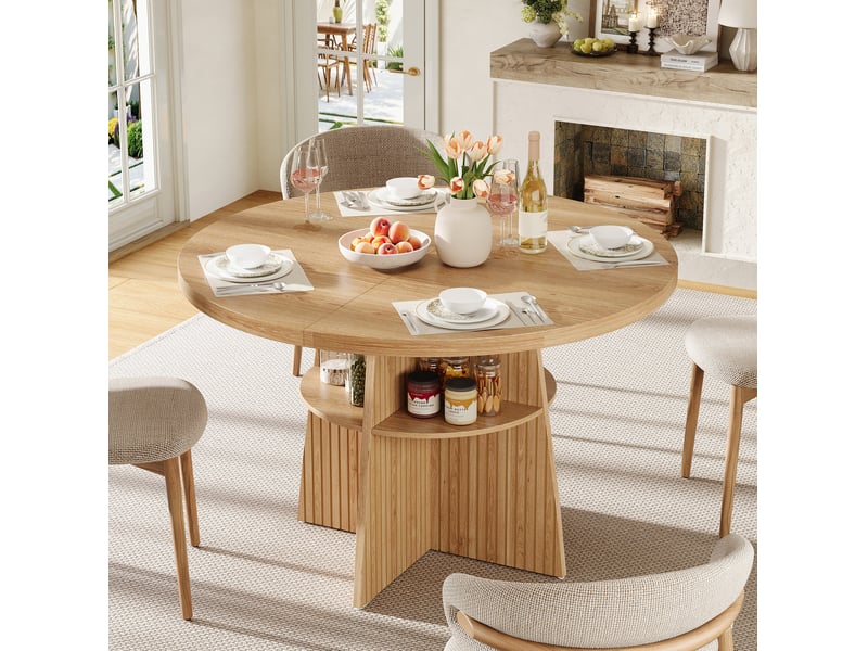  Table de salle à manger ronde extensible pour 2 à 8 personnes avec étagère en mdf naturel 110-150 × 110 × 77,5 cm  - Conforama D