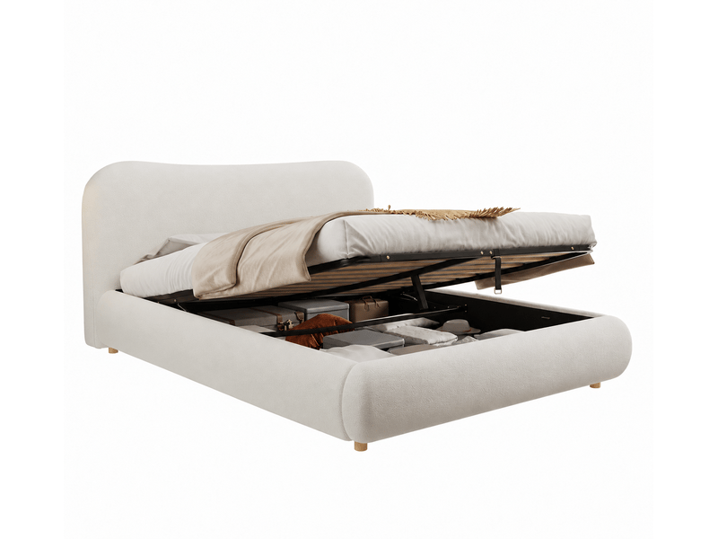 Lit coffre double 180x200 cm, lit adulte avec rangement hydraulique, pieds en bois, tissu couleur blanc sans matelas - Conforama A