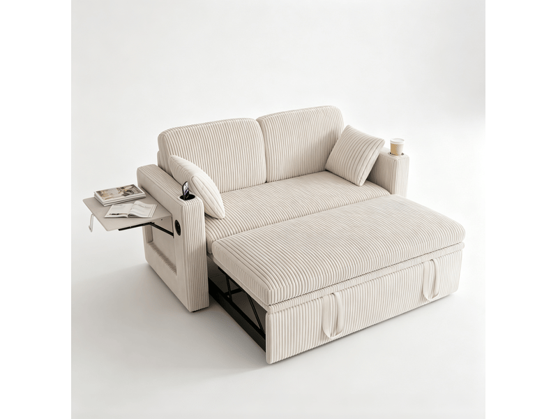 Canapé-lit convertible 2 places 145x75x85.5 cm - lit extractible - dossier réglable - porte-gobelet et coussins - velours côtelé - blanc CozyNest - Conforama A