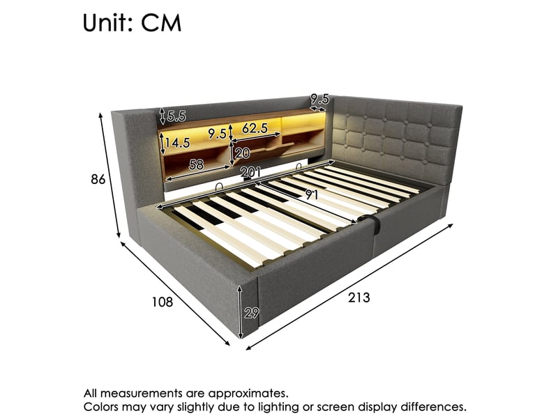  Lit coffre 90x200 cm, avec éclairage led, rangements cachés, tête de lit réversible, lin gris, ports usb, sans matelas  - Conforama C