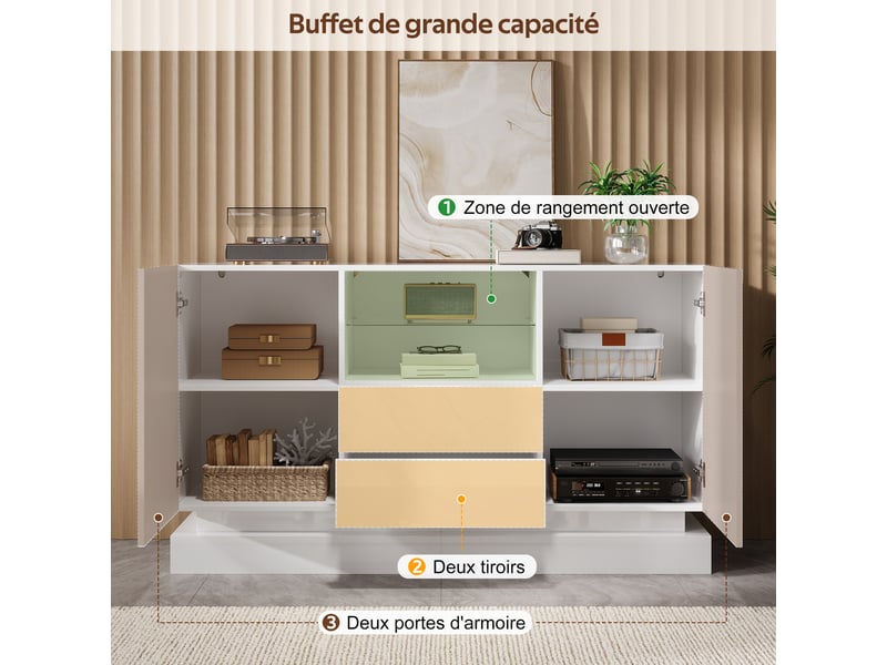 Buffet l140 x p40 x h80 cm en panneaux de particules avec 2 portes, 2 tiroirs et led blanc chicfurn - Conforama D