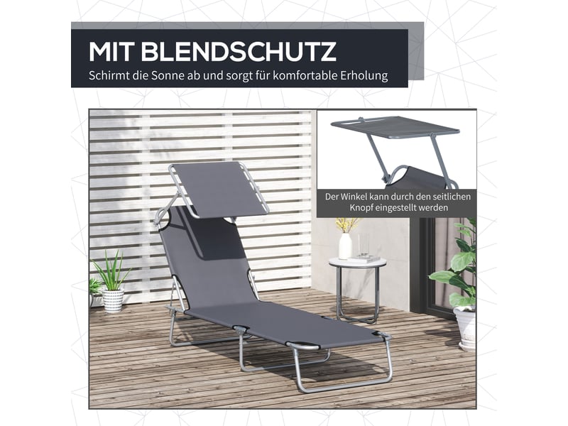 Chaise longue pliante avec pare-soleil grise, métal et tissu oxford, transat 120 kg pour jardin, terrasse et plage, 187 cm - Conforama B