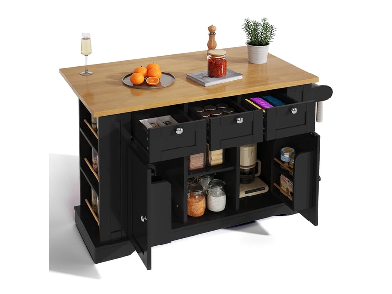  Desserte roulante,chariot de cuisine avec 2 portes,3 tiroirs,2 niches,étagères ouvertes,plateau pliable,prise usb et porte-serviettes,noir desserte noir - Conforama D