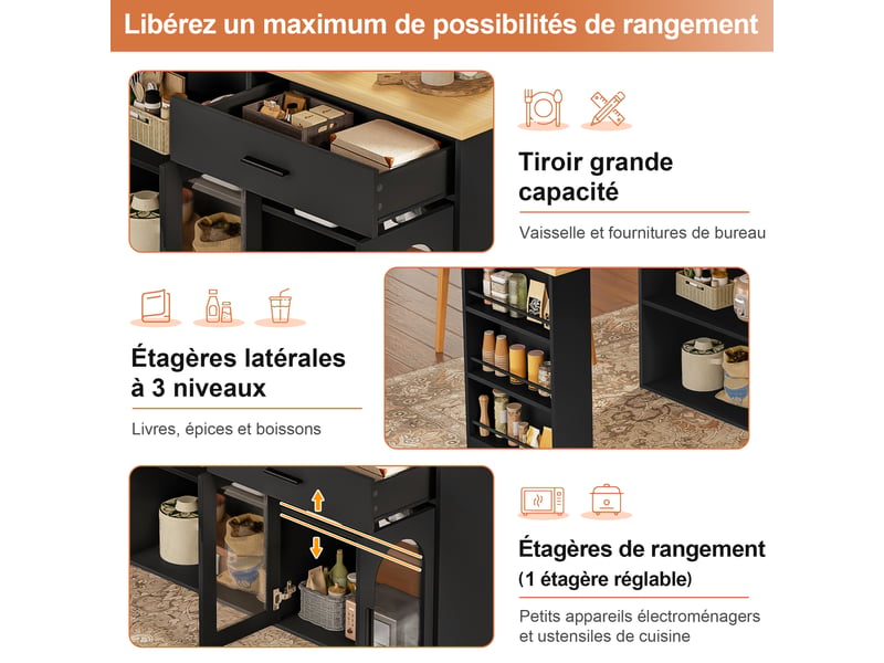  Îlot de cuisine avec plateau pivotant à 360° 136 x 50 x 78 cm, tiroir, étagères, portes vitrées et rangement, noir  - Conforama D