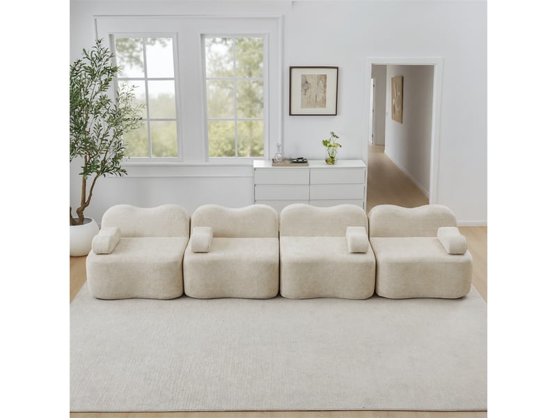  Canapé 4 places - 384x98x70 cm - canapé droit modulable velours, mousse 32d, sans structure rigide et coussins amovibles - beige  - Conforama D
