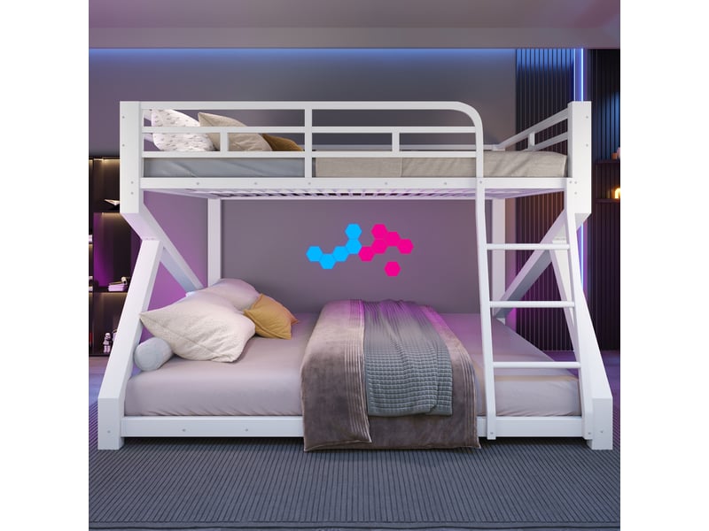  Lit superposé 2 couchages 140x200 et 160x200 cm blanc en métal, led intégrée, garde-corps supérieur, échelle, hauteur 146 cm et charge 150 kg  - Conforama C