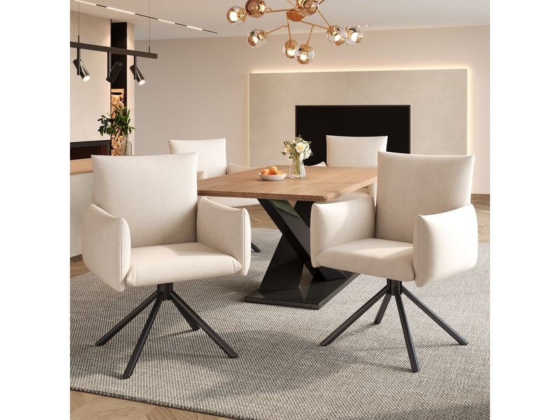  **chaise de salle à manger lot de 4, assise rembourrée chaise rembourrée, rotation 360° dossier confortable, structure métal, soutien lombaire velours beige**  - Conforama A
