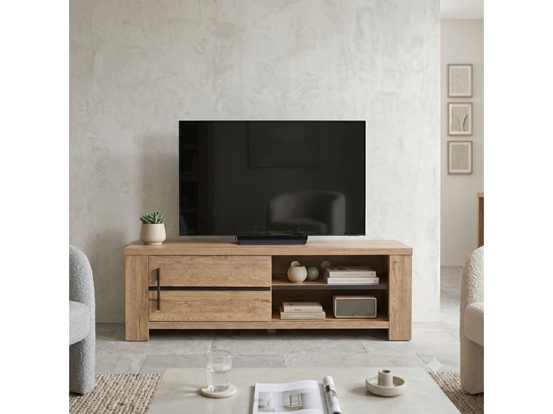  Meuble tv 1 porte coulissante aspect chêne naturel et noir mat - carvik CARVIK - Conforama D