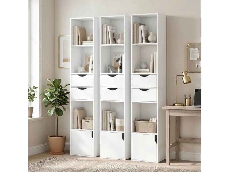  Bibliothèque étroite 30 x 24 x 158 cm – blanche – 3 étagères ouvertes, 2 tiroirs et rangement fermé  - Conforama D