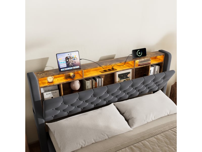  Lit coffre ulevr rembourré 160 x 200 cm, tête de lit pliable avec rangement, velours gris foncé  - Conforama E