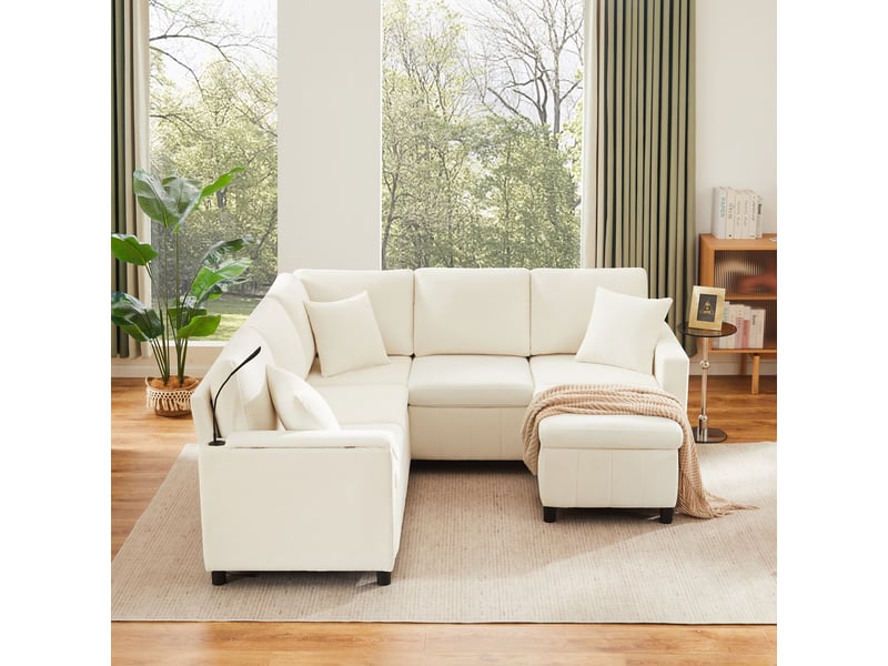 Canapé d'angle, canapé convertible – en chenille, porte-gobelets, port usb, 205×205×85cm, beige, avec pouf - Conforama E