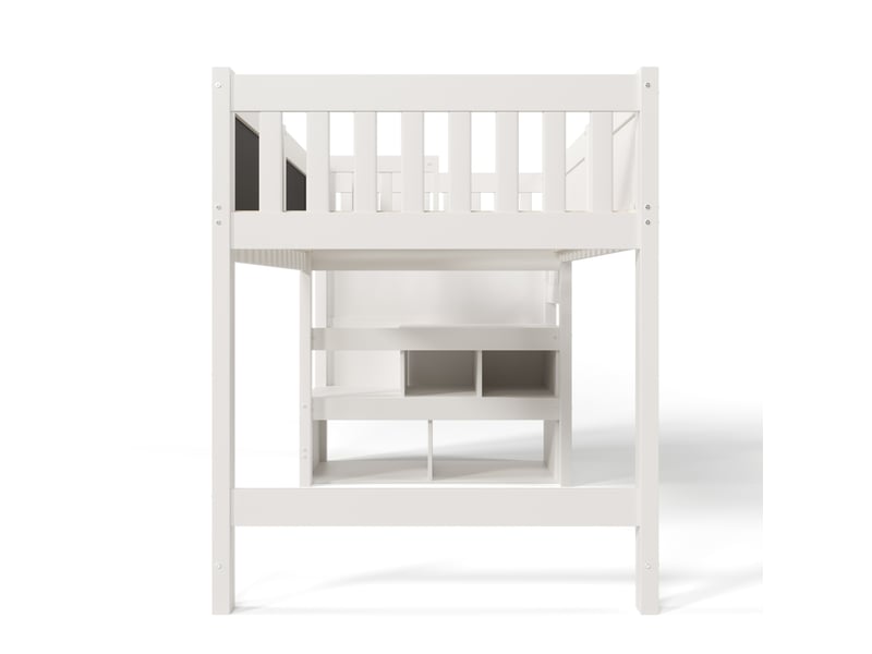  Lit superposé enfant 90x200 cm blanc – tableau, rangements et barrière de sécurité – sans matelas  - Conforama E