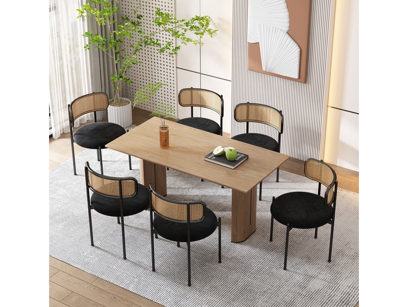  Lot de 4 chaises de salle à manger en velours noir avec dossier en rotin  - Conforama C