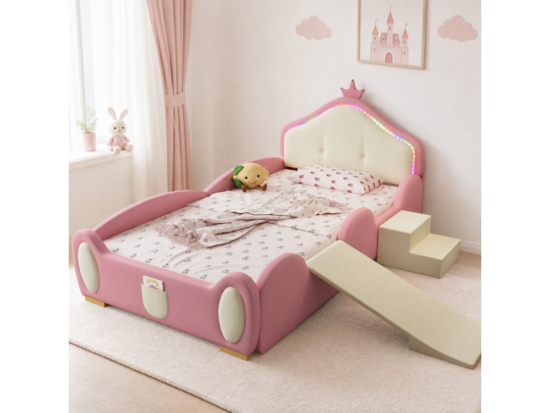  Lit enfant 200×90 cm avec toboggan, escalier et éclairage led, sans matelas, en pu rose et beige  - Conforama B