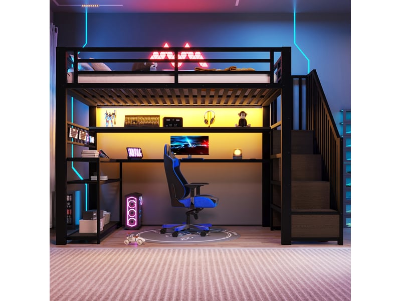 Lit mezzanine 90x200 cm avec bureau, armoire, led rgb et rangements, noir - Conforama B