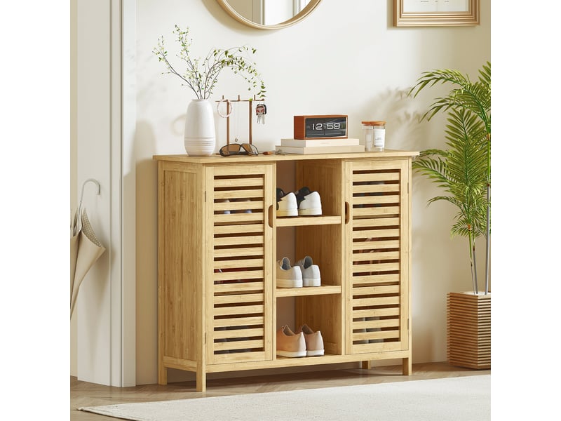  Armoire de rangement en bambou à lattes, 2 portes, étagères et compartiments ouverts, 100 x 33 x 86 cm, naturel  - Conforama B