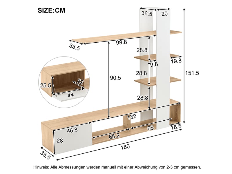  Meuble tv mural 180 x 33,5 x 151,5 cm avec rangements, blanc et bois clair  - Conforama C