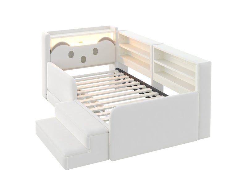  Lit rembourré pour enfant, 90 x 200 cm, dossier avec tablette et plusieurs compartiments, tiroir et port usb, velours, beige  - Conforama A