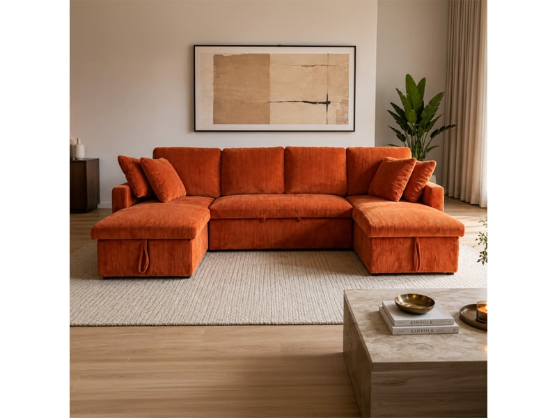 Canapé panoramique convertible 4 places en velours côtelé avec coffre - terracotta mahé - Conforama B